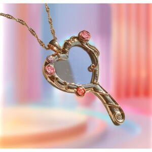 Heart Shaped Gold Magical Looking Glass Mirror Necklace Pink Roses